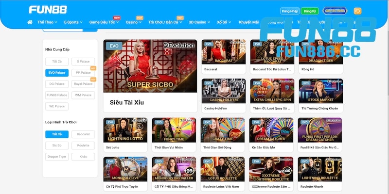 Evo - Sảnh live casino Fun88 tuyệt vời